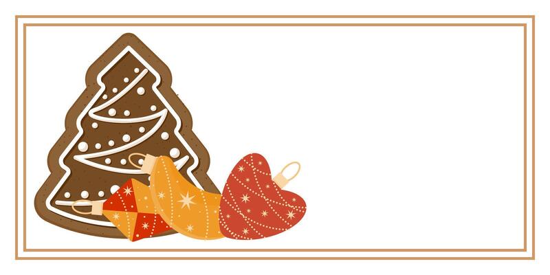 Toys and Gingerbread Christmas and New Year Greeting Horizontal Card or Invitation Template. Vintage Elegant Decoration Illustration. Happy Merry Xmas Greeting Party Banner Design background