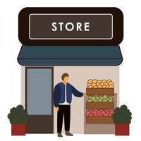 A man is standing in front of a store with fruit and vegetables vector