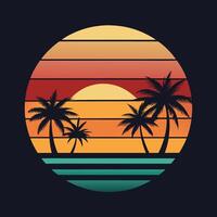 Retro style palm trees and sunset on a black background vector