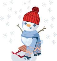 a cartoon snowman with a red hat and scarf sitting on a sled vector