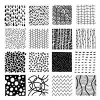 Collection texture with variety abstract shapes. Backgrounds with ink and marker in hand drawn style. Illustrations with dots, lines, stripes, and strokes. vector