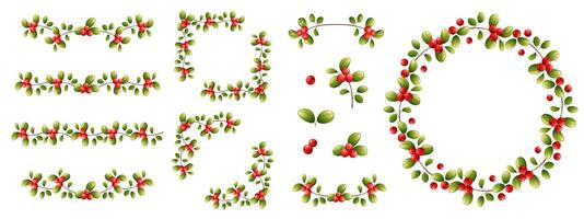 Garland, round wreath, frame design elements made of green leaves and berries. Lingonberry, cranberry, holly. Round frame with red wild berries and leaves. illustration on white background. vector