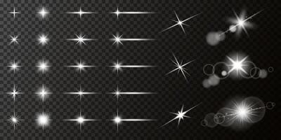 Set of light effects. Abstract glow, beam, spark, line, shine, radiance, flash, fireworks. Reflection of camera light, sunlight from the lens. Realistic glare, explosion, line, comet, stars in space vector