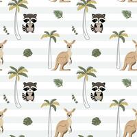 Seamless pattern with cute raccoon, kangaroo and palm trees. Childish jungle background. Tropical wallpaper. vector