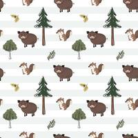 Cute seamless pattern with boar, chipmunk and pine. Forest wildlife backgrounds. Woodland patterns vector