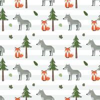 Cute seamless pattern with wolf, fox and pine. Forest wildlife backgrounds. Woodland patterns vector