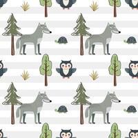 Cute animals pattern. Woodland patterns. Seamless pattern with wolf, owl, turtle. Forest wildlife backgrounds. vector