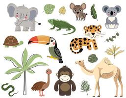 Wild animals and tropical leaves. Elephant, turtle, toucan, hyena, monkey, leopard, camel. Hand drawn safari set. vector