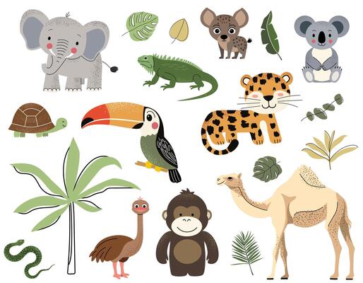 Wild animals and tropical leaves. Elephant, turtle, toucan, hyena, monkey, leopard, camel. Hand drawn safari set.