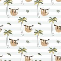 Seamless pattern with cute sloth and palm tree. Childish jungle background. Baby sloth wallpaper. vector