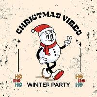 Groovy Christmas vibes ho ho ho retro characters cartoon xmas decorative Flyer template design. vector