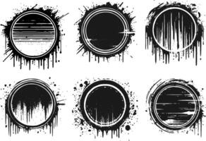 Black circle dripping set, grunge pattern drip, black paint drip, horror texture collection, ink round pack, paint dripping, ink stain set, black paint splattter set, grunge retro circle frame vector