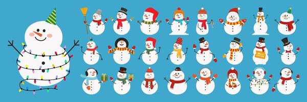 alegre monigote de nieve conjunto ilustraciones con fiesta accesorios en azul antecedentes. vector
