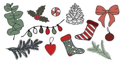 Christmas doodle illustration with festive elements like pine cones, holly, stockings, bows, and ornaments. Ideal for coloring pages, DIY crafts, and holiday designs. vector