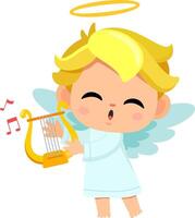 Cute Baby Angel Boy Cartoon Character Sing A Song With Harp vector