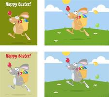 Easter Rabbit Running With A Basket And Egg. Collection Set vector