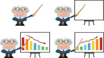 Professor Or Scientist Cartoon Character With Pointer Presenting On A White Board. Collection Set vector