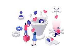 Social media funnel 3d isometric concept in geometry graphic design for web. People using marketing tool for driving online traffic and attracting new customers, increased sales. illustration. vector