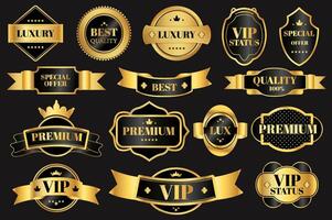 Golden luxury labels set elements in flat graphic design. Collection of shiny promotion tags and glossy guarantee emblems with best quality, vip status, special offer, other. illustration. vector