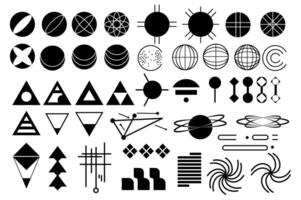 Retro futuristic y2k set elements in flat graphic design. Collection of basic black geometric shapes, rounds, spheres and triangles with mesh, lines, links, abstract grids, other. illustration. vector