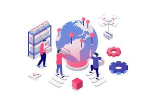 Worldwide delivery 3d isometric concept in geometry graphic design for web. People work in global logistic company, shipping packages, making export and import transportation. illustration. vector