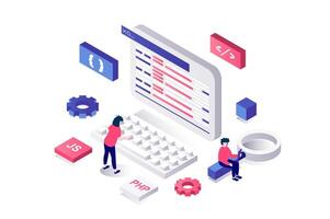 Creating website 3d isometric concept in geometry graphic design for web. People coding and developing homepage interface at screen, engineering layout and working in browser. illustration. vector