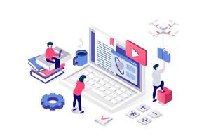 Modern education 3d isometric concept in geometry graphic design for web. People learning distantly at study courses by laptop, reading digital textbooks and watching videos. illustration. vector