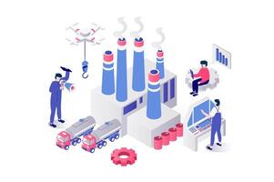 Industrial production 3d isometric concept in geometry graphic design for web. People work at factory infrastructure with chimney pipes, using trucks for transportation logistic. illustration. vector
