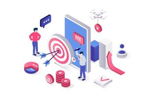 Business strategy 3d isometric concept in geometry graphic design for web. People brainstorming and finding solution, making analysis and job process organization, achieve target. illustration. vector