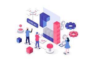 Virtual reality 3d isometric concept in geometry graphic design for web. People using VR headsets and controllers for game, playing in visual space with simulation tech. illustration. vector