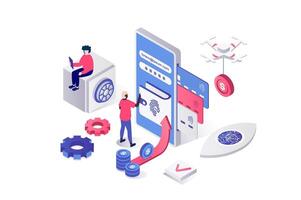 Mobile wallet app 3d isometric concept in geometry graphic design for web. People login with fingerprint scan to banking account with digital credit card, managing own finance. illustration. vector
