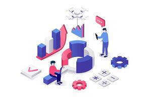 Data analysis 3d isometric concept in geometry graphic design for web. People making financial research, control and analyzing datum charts, searching information, accounting. illustration. vector