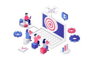 Target audience 3d isometric concept in geometry graphic design for web. People analyzing accurate target group, researching market and customers, creating promotion strategy. illustration. vector