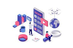 Mobile news 3d isometric concept in geometry graphic design for web. People reading daily global news, online articles and new posts in social media, watch in mobile app. illustration. vector