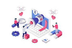 Social media marketing 3d isometric concept in geometry graphic design for web. People making online advertisement, promotion campaign, create branding, attract new customers. illustration. vector