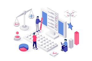 Online survey 3d isometric concept in geometry graphic design for web. People answering in digital questionnaire form, filling checkbox document, marking in test or exam page. illustration. vector