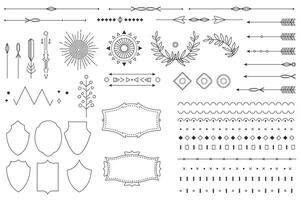 Vintage line set elements in flat graphic design. Collection of dividers and frames, arrows, linear laurel and flourish borders, classic ornate vignette, emblem shapes and other. illustration. vector