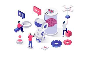 Artificial intelligence 3d isometric concept in geometry graphic design for web. People working with AI and robots technology, creating brain neural network and machine learning. illustration. vector