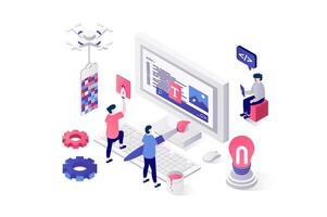 Web design 3d isometric concept in geometry graphic design. People creating webpage wireframe template, filling page with content, engineering and coding interface at screen. illustration. vector