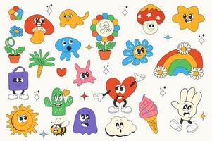Vintage groovy set elements in flat graphic design. Collection of funny mushroom, daisy, ghost, heart, rainbow, cactus, gesturing hand, cloud, other walking and singing mascots. illustration. vector