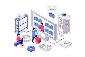 Electronic organization files 3d isometric concept in geometry graphic design for web. People managing digital documents in folders and interacting catalog at computer screen. illustration. vector