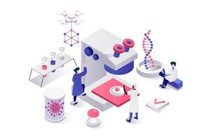 Science laboratory 3d isometric concept in geometry graphic design for web. People working with microscope, making scientific research in lab flask and tubes, creating vaccines. illustration. vector