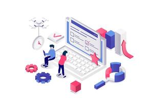 Online survey 3d isometric concept in geometry graphic design for web. People filling internet questionnaire list and ticking answers in checklist, evaluate in feedback form. illustration. vector