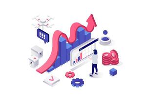 Crisis management 3d isometric concept in geometry graphic design for web. People making financial analysis, control and minimize finance problems, choosing efficiency strategy. illustration. vector