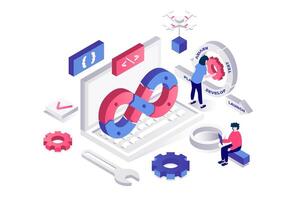DevOps 3d isometric concept in geometry graphic design for web. People programmers and engineers working together, build agile process and system life cycle to project release. illustration. vector
