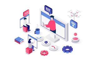 conference 3d isometric concept in geometry graphic design for web. People connecting by call, taking with colleague from screen, virtual meeting or remote education. illustration. vector
