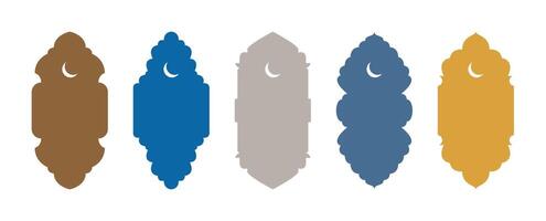 Islamic window arch collection with Moroccan, Arabic, Turkish design. Mosque gate shapes, crescent, lanterns. Editable icons for social media, labels, and promotions. Isolated on transparent vector