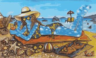 Surreal seaside relaxation hand acrylic painting on canvas and make graphic . vector