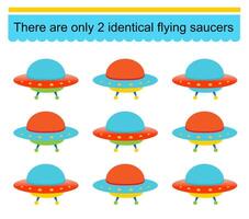 Fun puzzle game for kids. Need to find two identical flying saucers. Task for development of attention and logic. . vector