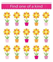 Educational game for kids. Need to find one of a kind flower pot. Visual intelligence. illustration vector